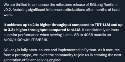 贾扬清点赞：3K star量的SGLang上新，加速Llama 405B推理秒杀vLLM、TensorRT-LLM